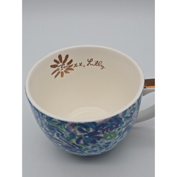 Lilly Pulitzer Blue Floral Logo inside Gold Handle Coffee Tea Coco Mug 14 oz - Picture 10 of 10